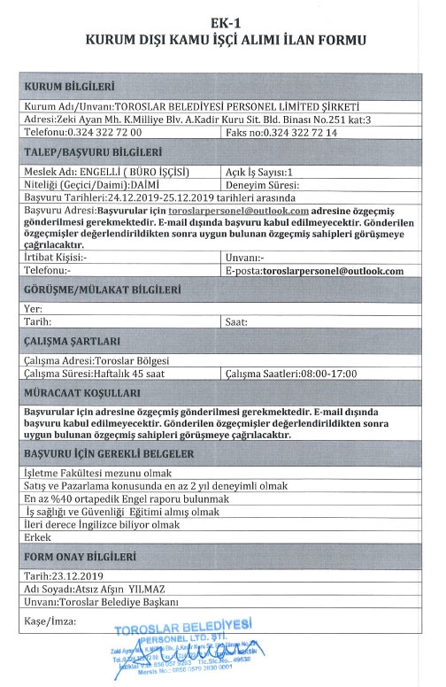 Toroslar Belediyesi: 1 Personel Alıyor