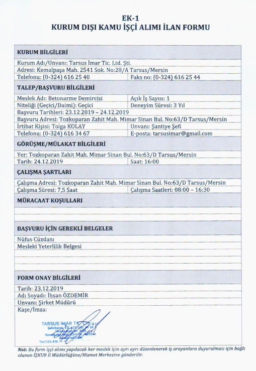 Tarsus İmar A.Ş: Betonarme Demircisi Alıyor