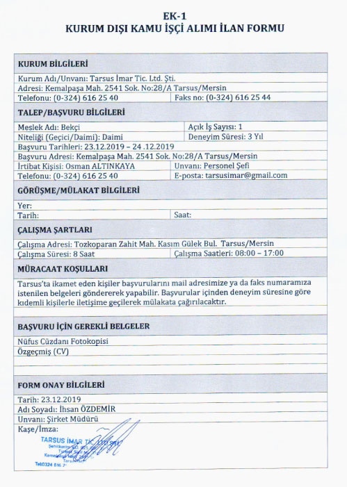 Tarsus İmar A.Ş: 1 Daimi Bekçi Alıyor