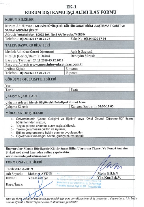 Mersin Büyükşehir 2 Personel Alacak: Son Başvuru 25 Aralık 2019