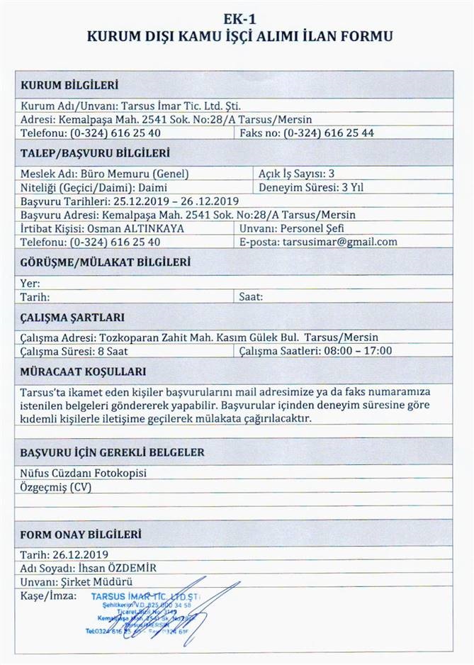 Tarsus Belediyesinin İmar Tic. Ltd. Şirketi 3 Daimi Büro Memuru (Genel) Alımı