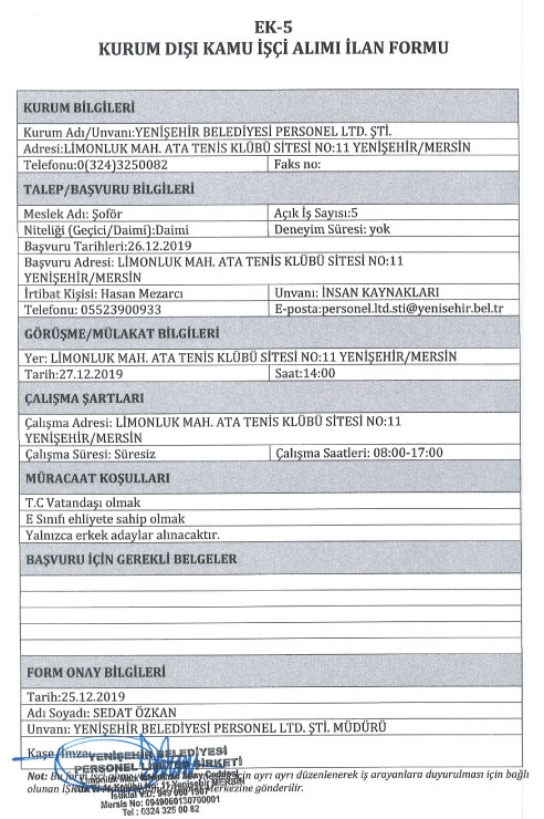 Yenişehir Belediyesi 5 Daimi Şoför Alımı