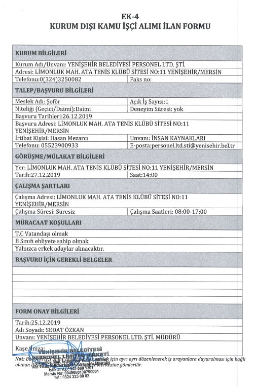 Yenişehir Belediyesi 1 Daimi Şoför Alımı