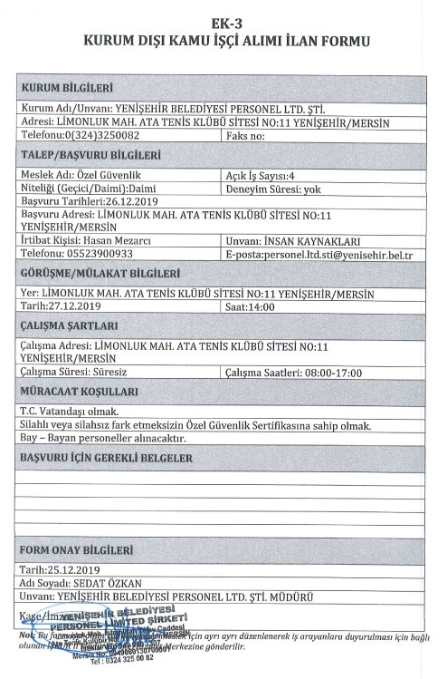 Yenişehir Belediyesi 4 Daimi Özel Güvenlik Görevlisi Alıyor