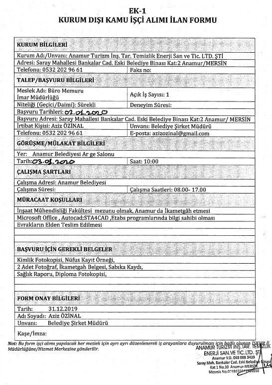 İmar Müdürlüğü Büro Memuru (Sürekli)