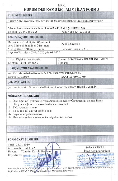 İmar A.Ş Özel Eğitim Öğretmeni veya Zihinsel Engelliler Öğretmeni Alımı 2 kişi