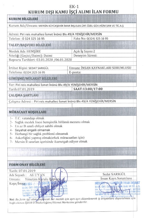 İmar A.Ş Hemşire Alımı 2 Kişi