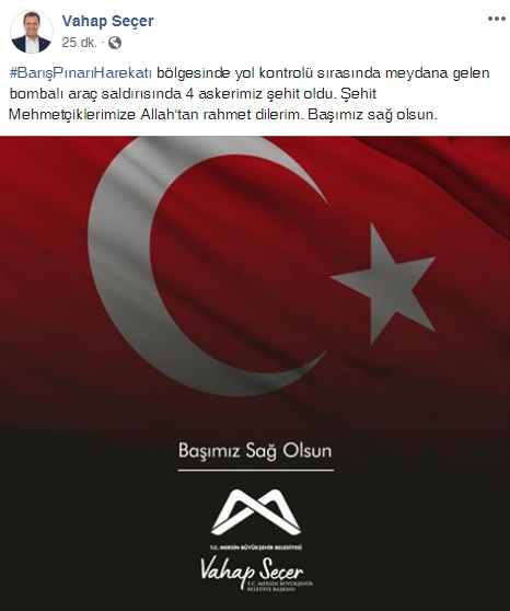 Mersin Büyükşehir Belediye Başkanı Vahap Seçer'den Başsağlığı Mesajı