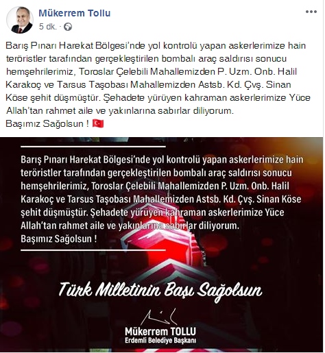 Erdemli Belediye Başkanı Mükerrem Tollu'dan Başsağlığı Mesajı