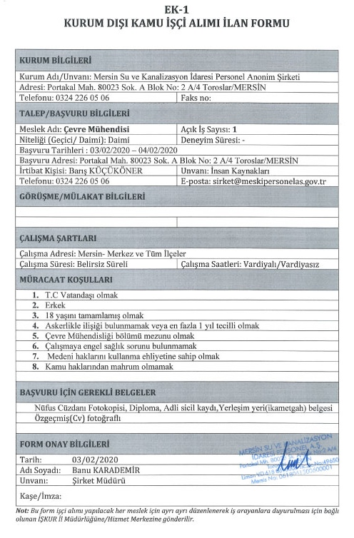 1 Daimi Çevre Mühendisi