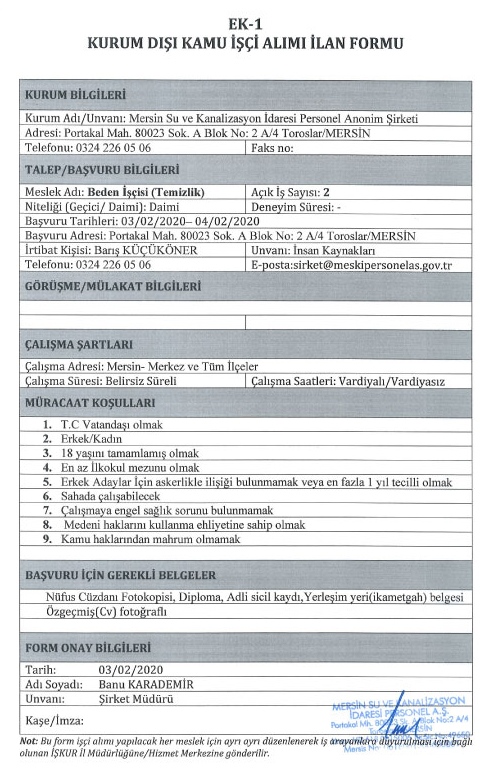 2 Daimi Beden İşçisi (Temizlik)