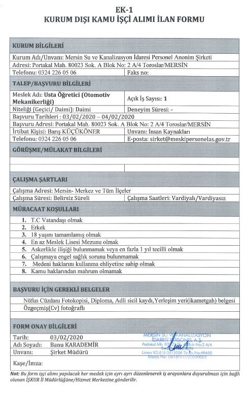 1 Daimi Usta Öğretici (Otomotiv Mekanikerliği)