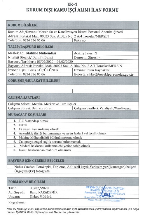 1 Daimi Makine Mühendisi