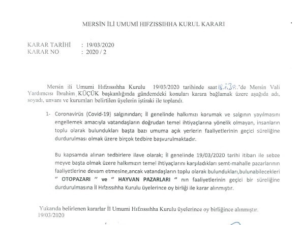 19.03.2020 Tarihli Mersin İl Umumi Hıfzıssıhha Kurulu Kararı 2020/2 (Tek Sayfa)