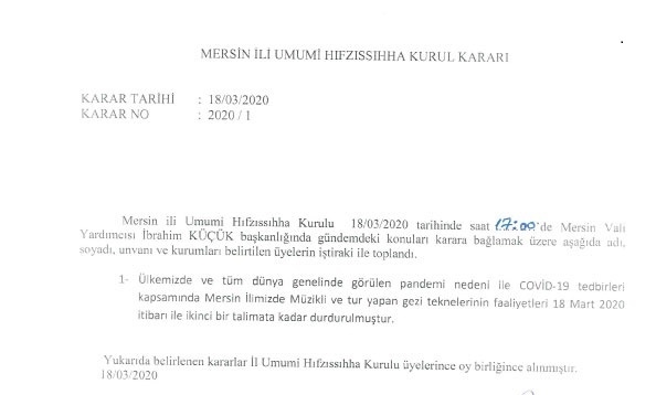 18.03.2020 Tarihli Mersin İl Umumi Hıfzıssıhha Kurulu Kararı 2020/1 (Tek Sayfa)