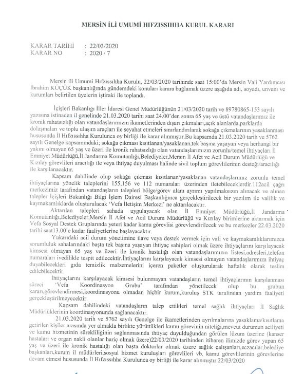 22.03.2020 Tarihli Mersin İl Umumi Hıfzıssıhha Kurulu Kararı 2020/7 (2 Sayfa, 1. Sayfa)