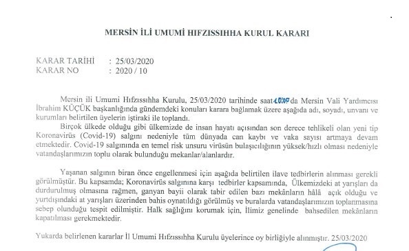 25.03.2020 Tarihli Mersin İl Umumi Hıfzıssıhha Kurulu Kararı 2020/10 (Tek Sayfa)