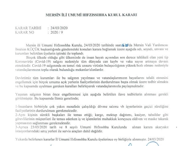 24.03.2020 Tarihli Mersin İl Umumi Hıfzıssıhha Kurulu Kararı 2020/9 (Tek Sayfa)