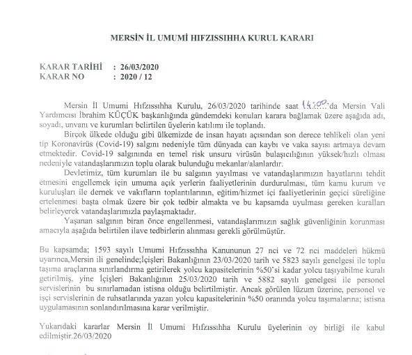 26.03.2020 Tarihli Mersin İl Umumi Hıfzıssıhha Kurulu Kararı 2020/12 (Tek Sayfa)