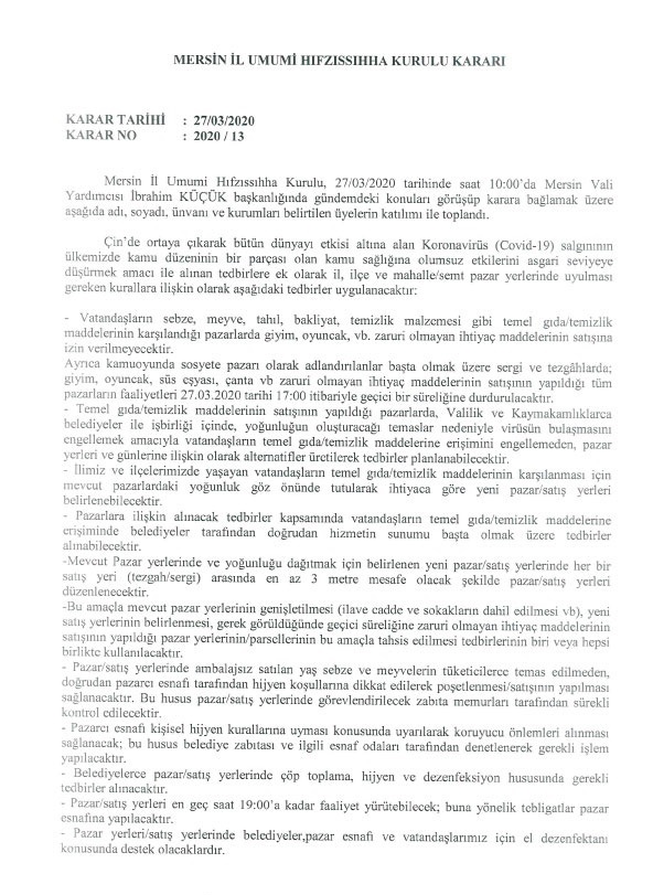 27.03.2020 Tarihli Mersin İl Umumi Hıfzıssıhha Kurulu Kararı 2020/13  (2 Sayfa, 1. Sayfa)