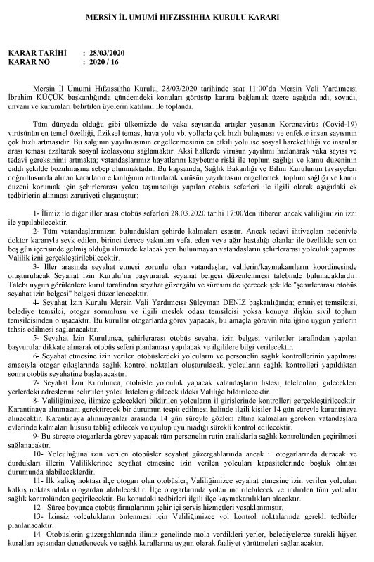 28.03.2020 Tarihli Mersin İl Umumi Hıfzıssıhha Kurulu Kararı 2020/16  (2 Sayfa, 1. Sayfa)