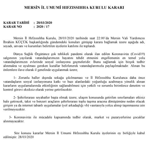 28.03.2020 Tarihli Mersin İl Umumi Hıfzıssıhha Kurulu Kararı 2020/17  (Tek Sayfa)