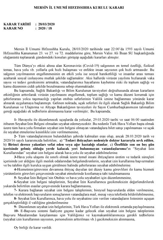 28.03.2020 Tarihli Mersin İl Umumi Hıfzıssıhha Kurulu Kararı 2020/18  (Tek Sayfa)