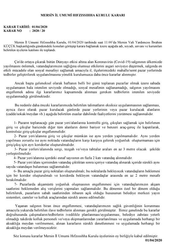 Mersin İl Umumi Hıfzıssıhha Kurulu Kararı  Karar Tarihi:  01/04/2020  Karar No: 2020/20