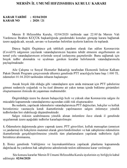 Mersin İl Umumi Hıfzıssıhha Kurulu Kararı - Karar Tarihi: 02/04/2020 Karar No:2020/21