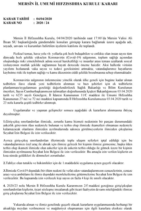 Mersin İl Umumi Hıfzıssıhha Kurulu Kararı Karar Tarihi :  04/04/2020 Karar No:  2020 / 24