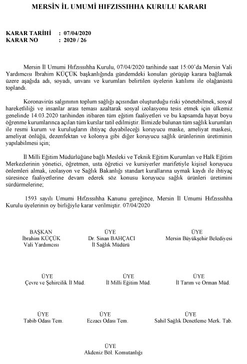 Mersin İl Umumi Hıfzıssıhha Kurulu Kararı; Karar Tarihi: 07/04/2020 Karar No:2020/26