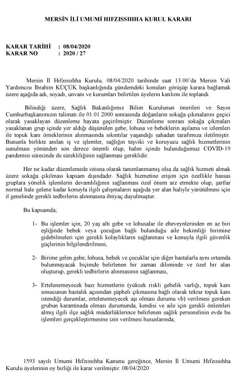 Mersin İli Umumi Hıfzıssıhha Kurul Kararı - Karar Tarihi: 08/04/2020 Karar No: 2020/27