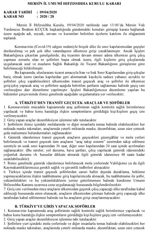 Mersin İl Umumi Hıfzıssıhha Kurulu Kararı - Karar Tarihi: 09/04/2020 Karar No: 2020/28