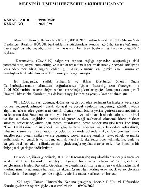 Mersin İl Umumi Hıfzıssıhha Kurulu Kararı - Karar Tarihi:  09/04/2020 Karar No: 2020/29