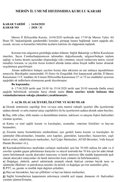 Mersin İl Umumi Hıfzıssıhha Kurulu Kararı - Karar Tarihi: 16/04/2020 Karar No:2020/31