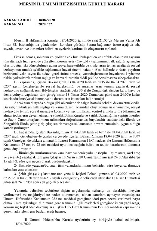 Mersin İl Umumi Hıfzıssıhha Kurulu Kararı - Karar Tarihi: 18/04/2020 Karar No: 2020/32
