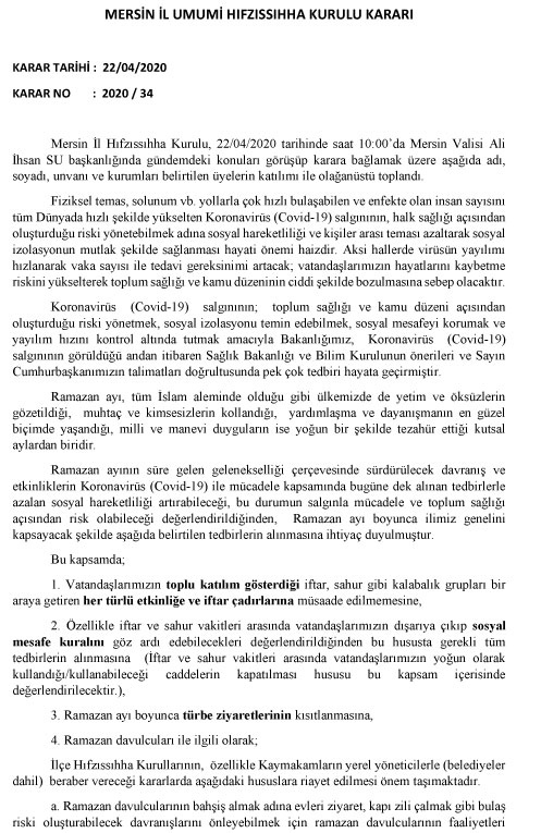 Mersin İl Umumi Hıfzıssıhha Kurulu Kararı - Karar Tarihi: 22/04/2020 Karar No: 2020/34