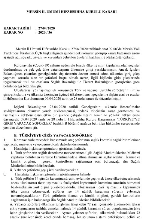 Mersin İl Umumi Hıfzıssıhha Kurulu Kararı Karar Tarihi : 27/04/2020 Karar No : 2020 / 36