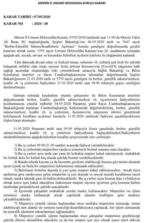 Mersin İl Umumi Hıfzıssıhha Kurulu Kararı Karar Tarihi : 07/05/2020 Karar No : 2020 / 40