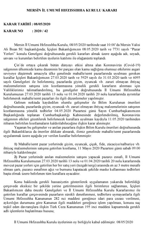 Mersin İl Umumi Hıfzıssıhha Kurulu Kararı Karar Tarihi : 08/05/2020 Karar No : 2020 / 42