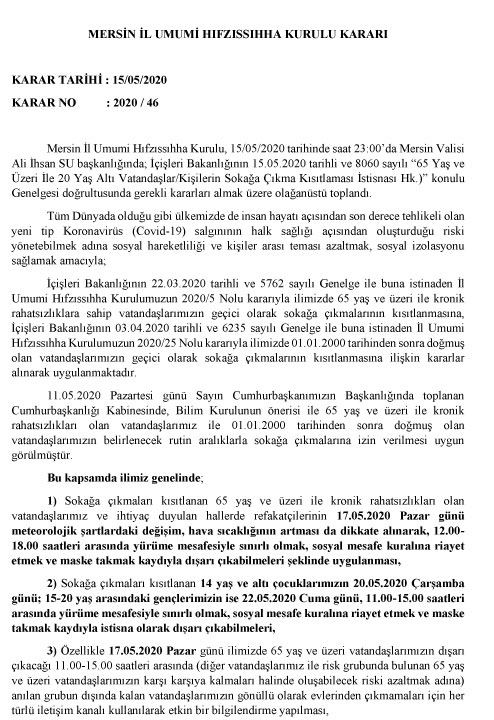 Mersin İl Umumi Hıfzıssıhha Kurulu Kararı Karar Tarihi : 15/05/2020 Karar No : 2020 / 46