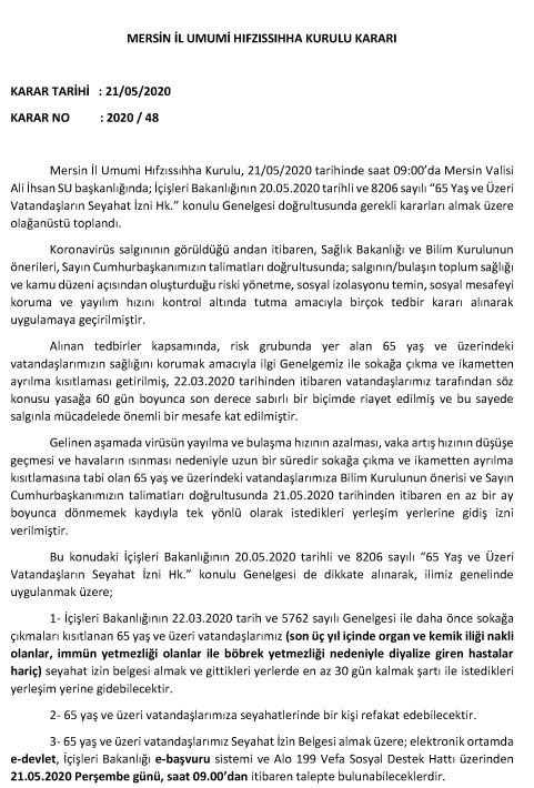 Mersin İl Umumi Hıfzıssıhha Kurulu Kararı Karar Tarihi : 21/05/2020 Karar No : 2020 / 48