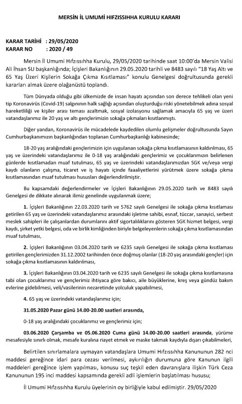 Mersin İl Umumi Hıfzıssıhha Kurulu Kararı Karar Tarihi : 29/05/2020 Karar No : 2020 / 49