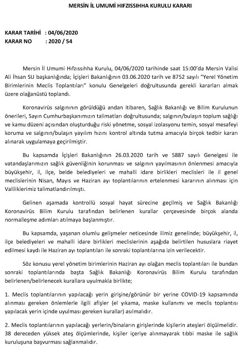 Mersin İl Umumi Hıfzıssıhha Kurulu Kararı Karar Tarihi : 04/06/2020 Karar No : 2020 / 54