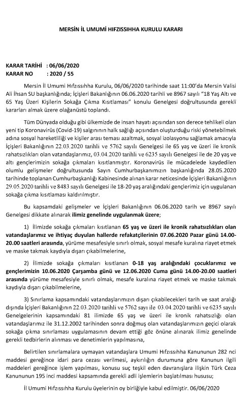 Mersin İl Umumi Hıfzıssıhha Kurulu Kararı Karar Tarihi : 06/06/2020 Karar No : 2020 / 55