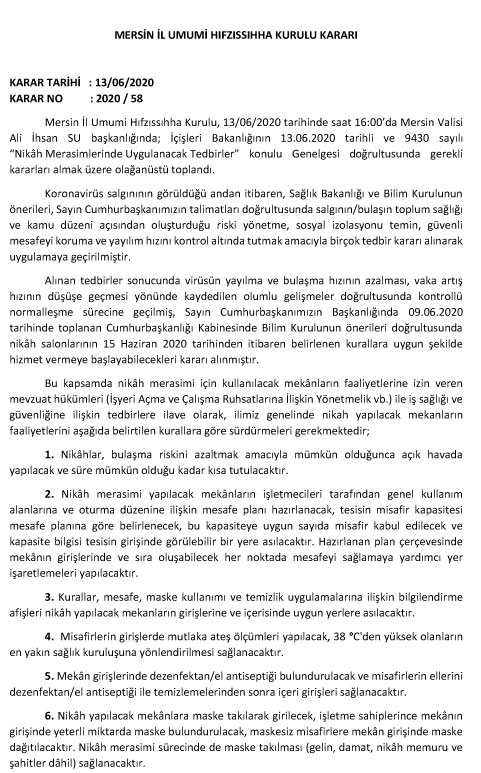 Düğünler Nasıl Olacak! Mersin İl Umumi Hıfzıssıhha Kurulu Kararı Karar Tarihi : 13/06/2020 Karar No : 2020 / 58