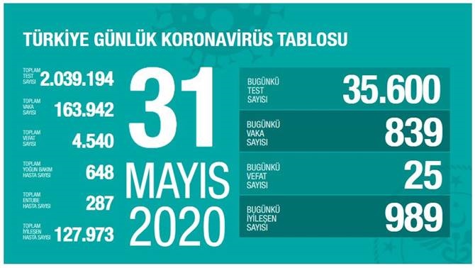 31 Mayıs 2020 Pazar Koronavirüs Türkiye Verileri