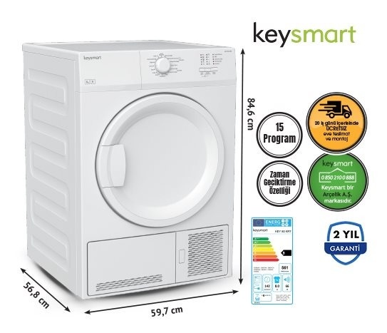 8 KG ÇAMAŞIR KURUTMA MAKİNESİ KEY 80 KRT