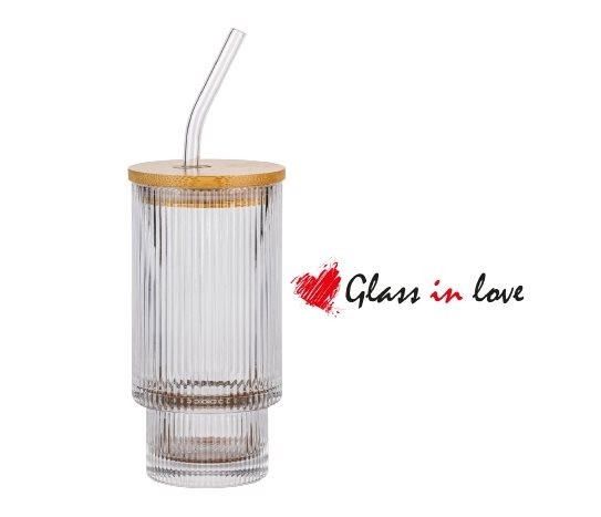 Bambu Kapaklı Pipetli Cam Bardak ~300 cc