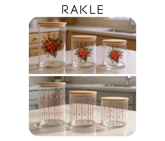 Rakle Bambu Kapaklı Desenli Cam Kavanoz